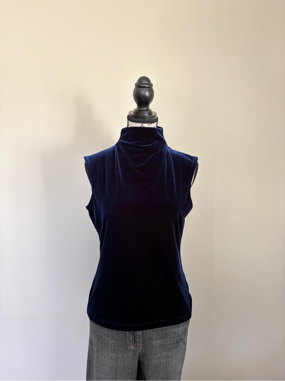 Y2K Libra Dark Blue Grunge Velvet Sleeveless Mockneck Blouse Top